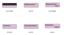 A chart showing six labels with drug names and codes: Adrenaline (AL/V-01/800), Metaraminol (ALV-02), Metaraminol mg/ml (ALV-02MgMI), Aramine (ALV-02A), Noradrenaline (ALV-03), and Ephedrine mg/mL (ALV-04) on a white background.