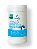 A white plastic canister of Clean Life Hospital Grade Multipurpose Disinfectant & Detergent Wipes with a blue and green label, set against a plain white background.
