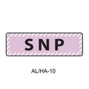 A rectangular pink and white warning-style label with the letters 'SNP' in black, plus the text 'AL/HA-10' below on a white background.