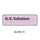 A rectangular label or sticker with a light pink background, black border, and diagonal striped border details, featuring the text 'G.V.