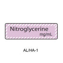 A rectangular label with a light pink background and white diagonal stripes, reading 'Nitroglycerine mg/mL', with 'AL/HA-1' printed below on a white background.