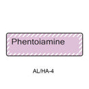 A rectangular label with a light pink background and diagonal striped border, containing the text 'Phentoiamine' in black, with 'AL/HA-4' below on a white background.