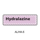 A rectangular label with a light pink background and diagonal striped border, containing the text 'Hydralazine' in black, with 'AL/HA-5' printed below on a white background.