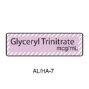 A rectangular label with a light pink and white striped border and the text 'Glyceryl Trinitrate mcg/mL' on a white background, with 'AL/HA-7' printed below.