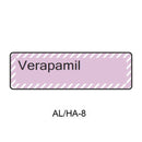 A rectangular pastel pink label with a black border and diagonal striped edges, containing the text 'Verapamil'. Below the label is the text 'AL/HA-8' on a plain white background.