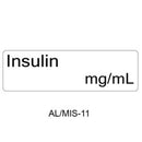 A white rectangular label with black text reading 'Insulin mg/mL' and 'AL/MIS-11' below on a white background.
