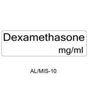A white rectangular label with black text reading 'Dexamethasone mg/ml' and 'AL/MIS-10' below on a white background.
