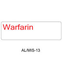 A white rectangular label with the word 'Warfarin' in red text, above the black text 'AL/MIS-13' on a white background.