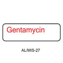 A white rectangular label with rounded corners, black border, and red text reading 'Gentamycin' on a white background, with 'AL/MIS-27' printed below in black.