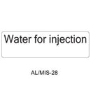 A white rectangular label with the text 'Water for injection' in black, plus the code 'AL/MIS-28' below on a white background.