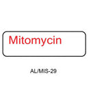 A white rectangular label with rounded corners, featuring the word 'Mitomycin' in red text and the code 'AL/MIS-29' below it on a white background.