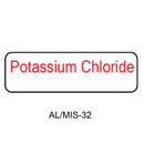 A white rectangular label with rounded corners, featuring the words 'Potassium Chloride' in red text inside a black border, with 'AL/MIS-32' printed below in black on a white background.
