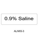 A white rectangular label with black text reading '0.9% Saline' above the text 'AL/MIS-3' on a white background.