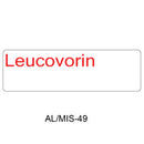 A white rectangular label with the word 'Leucovorin' in red text, above the text 'AL/MIS-49' in black on a white background.