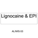 A white rectangular label or sticker with rounded corners on a white background, printed with the text 'Lignocaine & EPI' in black, and smaller text below reading 'AL/MIS-53'.