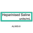 A teal rectangular label with rounded corners reading 'Heparinised Saline units/mL' on a white background, with 'AL/MIS-9' printed below.