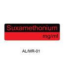 A rectangular label design with a black top half and red bottom half, reading 'Suxamethonium mg/ml' in red and black text, on a white background with 'AL/MR-01' below.