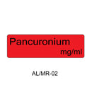 A red rectangular label with rounded corners on a white background, displaying the text 'Pancuronium mg/ml' in black. Below the label, the text 'AL/MR-02' is printed in black.