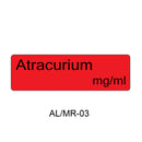 A red rectangular label with rounded corners displaying the text 'Atracurium mg/ml' in black, with 'AL/MR-03' printed below on a white background.