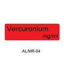 A red rectangular label with rounded corners on a white background, containing the text 'Vercuronium mg/ml' in black. Below the label, the text 'AL/MR-04' appears in black.
