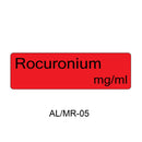 A red rectangular label with rounded corners displaying the text 'Rocuronium mg/ml' in black, with 'AL/MR-05' printed below on a white background.