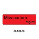 A red rectangular label with rounded corners displaying the text 'Mivacurium mg/ml' in black, with 'AL/MR-06' printed below on a white background.