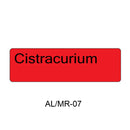 A red rectangular label with rounded corners and the word 'Cistracurium' in black text, shown on a white background with the code 'AL/MR-07' below it.