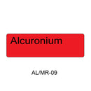 A red rectangular label with rounded corners and the word 'Alcuronium' printed in black, with the code 'AL/MR-09' below on a white background.