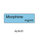 A light blue rectangular label with the text 'Morphine mg/ml' and 'AL/N-01' below it on a white background.