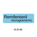 A light blue rectangular label with the text 'Remifentanil micrograms/mL' in black, above the text 'AL/N-06' on a white background.