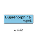 A light blue rectangular label with black text reading 'Buprenorphine mg/mL' on a white background, with 'AL/N-07' printed below.