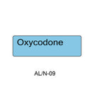 A light blue rectangular label with the word 'Oxycodone' in black text, above the text 'AL/N-09' on a white background.