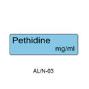 A light blue rectangular label with the text 'Pethidine mg/ml' and 'AL/N-03' below on a white background.