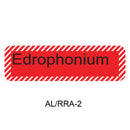 A red rectangular warning-style label with rounded corners, bordered by diagonal red-and-white stripes, containing the word 'Edrophonium' in black text. Below it reads 'AL/RRA-2' on a plain white background.
