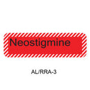 A red rectangular warning label with diagonal hazard stripes on the border and the word 'Neostigmine' in black text, shown on a white background with 'AL/RRA-3' below it.