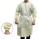 Person wearing a yellow disposable medical gown with close-up inset showing the cuffs.