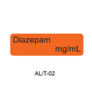 An orange rectangular label with rounded corners on a white background, containing the text 'Diazepam mg/mL' in black, with 'AL/T-02' below it.