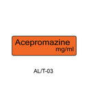 An orange rectangular label with rounded corners displaying the text 'Acepromazine mg/ml' in black, with 'AL/T-03' printed below on a white background.