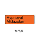 An orange rectangular label with rounded corners and black text reading 'Hypnovel Midazolam', shown on a white background with 'AL/T-04' below it.