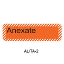 An orange rectangular label with rounded corners, a black 'Anxate' wordmark, and an orange-and-white diagonal striped border, shown on a white background with the text 'AL/TA-2' below.